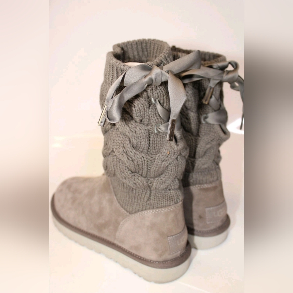 UGG Kiandra Willow Ribbon Bow Gray Knit Sweater Fabric Suede Shearling Boots 10 - Picture 12 of 16